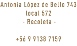 Antonia López de Bello 743 local 572 - Recoleta - +56 9 9138 7159